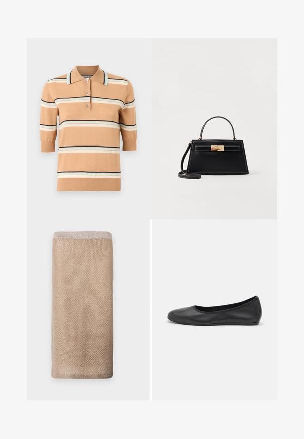 Ompu isit sälv i béj med kortärmar, med flerfärgade horisontella ränder i ljusblått, krämfärgat och marinblått. Tre-knapps knäppning.; Beige neulehuivi, jossa on hienovarainen kiilto, teksturoitu pinta ja vaaleampi reunus yläreunassa. Suorakulmainen muoto.; Musta nahkainen ballerina, jossa on pyöristetty kärki, sileä pinta, minimaalinen ommelkoristelu ja joustava pohjamuotoilu.; Musta nahkalaukku, jossa on jäsennelty trapetsin muotoinen rakenne, kultaiset kiinnitysnauhat ja erottuva valkoinen ommel. Mukana on lyhyt kahva ja pitkä hihna.