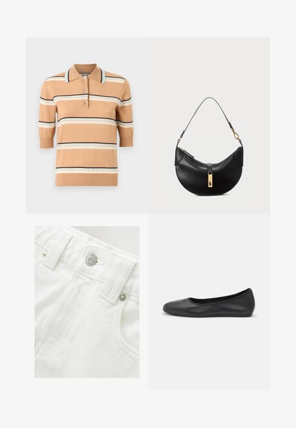 Polo en tricot beige à manches courtes, présentant des rayures horizontales multicolores en bleu clair, crème et marine. Patte de boutonnage à trois boutons.; Shorts en denim blanc avec une taille structurée, détail de bouton en argent et tissu texturé. Caractéristiques : poches avant et couture soignée.; Ballerines en cuir noir avec un bout rond, texture lisse, détails de couture minimalistes et design de semelle flexible.; Sac à main en cuir noir en forme de demi-lune. Doté d'un accent en métal doré et d'une sangle étroite. Texture lisse, fermeture éclair sur le dessus.