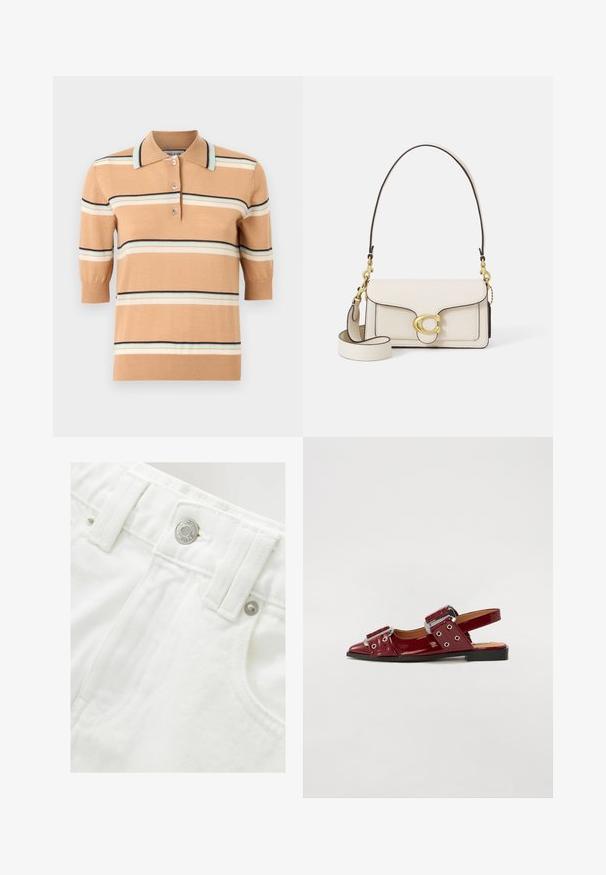 Beige kötött póló ing rövid ujjakkal, világoskék, krémszínű és tengerészkék vízszintes csíkokkal. Három gombos keresztezés.; Fehér farmer rövidnadrág strukturált derékrésszel, ezüst gomb részletekkel és texturált anyaggal. Elülső zsebekkel és precíz varrással rendelkezik.; Burgundi lakkbőr slingback cipők hegyes orral, két állítható csatolt pánttal és ezüst színű részletekkel.; Krém színű bőrtáska strukturált kivitelben, kontrasztos fekete élekkel, arany hardware-rel, és egy levehető pánttal, amelyen a jellegzetes logó található.; Arany szövetpántos óra fekete kerek számlappal, minimalista indexekkel és ezüst koronával; 12 óra pozícióban logóval rendelkezik.