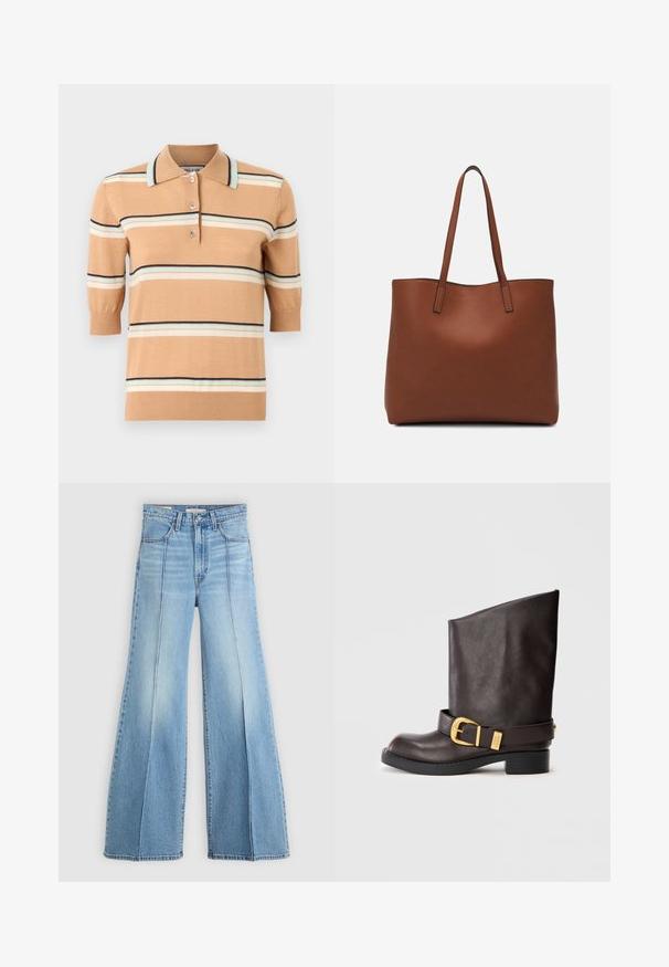 Beige knit polo shirt with short sleeves, featuring multi-colored horizontal stripes in light blue, cream, and navy. Three-button placket.; Light blue high-waisted jeans with wide legs, front and back pockets, belt loops, and vertical seam details on the front.; Dark brown mid-calf leather boot with black sole, low heel, and decorative gold buckle strap around the ankle, shown from the side.; Brown leather tote bag with a smooth texture, open top design, and two shoulder straps. Features minimal stitching and no visible hardware.
