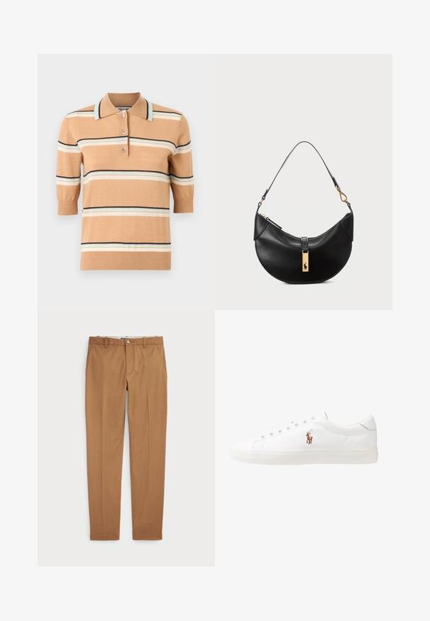 Šviesiai ruda megzta polo marškinėliai su trumpomis rankovėmis, puošti daugiaspalvėmis horizontaliomis juostelėmis šviesiai mėlynos, grietinėlės ir tamsiai mėlynos spalvų. Trijų mygtukų apykaklė.; Rudos medvilnės kelnes su siauru siluetu, lygiu priekiu ir standartinėmis kišenėmis; sklandžios tekstūros ir apkarpytais rankogaliais.; Baltos odinės sportbačiai, žemo profilio, su lygia tekstūra, apvalia nosimi, raištelių sistema priekyje ir mažyte siuvinėta logo šone.; Juodos odos rankinė pusmėnulio forma. Papuošta auksinėmis detalėmis ir siaura juosta. Lygi tekstūra, užtrauktuko uždarymas viršuje.