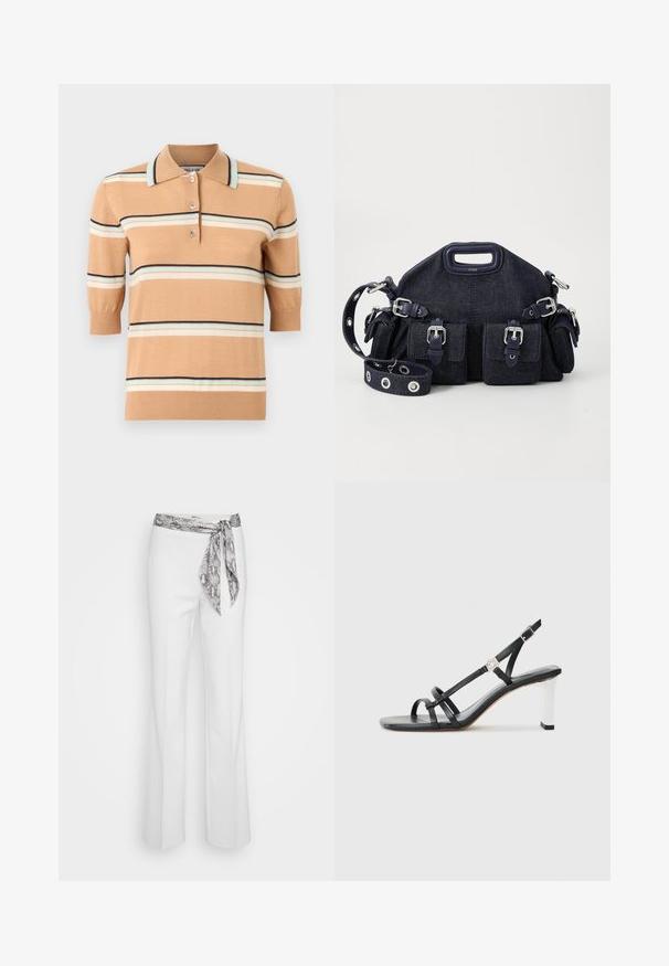 Polo en tricot beige à manches courtes, présentant des rayures horizontales multicolores en bleu clair, crème et marine. Patte de boutonnage à trois boutons.; Pantalon blanc avec taille ajustée et une ceinture en serpent gris à motifs nouée à l'avant. Design à jambes évasées avec une texture de tissu lisse.; Sandales à talons noirs avec plusieurs fines lanières, un design slingback et un accent argenté sur le talon. Matière supérieure lisse et talon carré.; Sac en denim bleu foncé avec une forme arrondie, plusieurs poches extérieures, une bandoulière réglable et des détails en métal argenté. Poignée supérieure incluse.