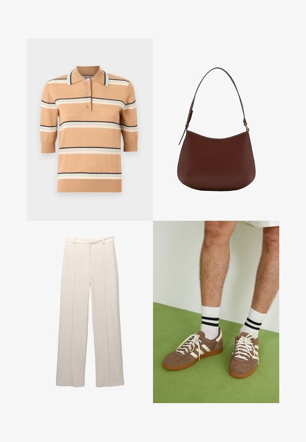 Polo en tricot beige à manches courtes, présentant des rayures horizontales multicolores en bleu clair, crème et marine. Patte de boutonnage à trois boutons.; Pantalons à jambes larges en tissu beige clair avec une texture lisse. Présentent une taille ajustée, des plis à l'avant et pas de poches visibles.; Baskets en daim marron avec des accents et des lacets blancs. Semelle en caoutchouc gomme. Portées avec des chaussettes blanches à rayures noires. Sol texturé vert.; Sac à épaule en cuir marron avec une silhouette courbée, une sangle unique, des coutures contrastées et un design minimaliste.