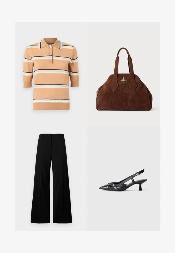 Polo en tricot beige à manches courtes, présentant des rayures horizontales multicolores en bleu clair, crème et marine. Patte de boutonnage à trois boutons.; Pantalons larges noirs avec une texture lisse, une taille structurée et des plis sur le devant. Design minimaliste sans quincaillerie visible.; Chaussure slingback en cuir noir avec un bout pointu, des sangles décoratives avec œillets en métal et un petit talon carré. Surface texturée.; Sac à main en daim marron avec une forme structurée, un corps arrondi et des poignées allongées en forme de diamant. Il dispose d'une fermeture en métal argenté.