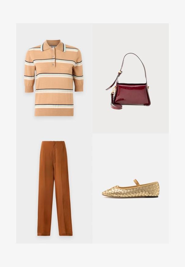 Beige gestricktes Poloshirt mit kurzen Ärmeln, das mehrfarbige horizontale Streifen in Hellblau, Creme und Marineblau aufweist. Drei-Knopf-Leiste.; Weite Hosen in einem warmen Braunton, mit glatter Struktur, hohem Bund und kontrastierenden weißen Nähten entlang der Säume.; Loeffler Randall LEONIE SOFT BALLET FLAT - Riemchenballerina - gold; Burgunderfarbene Lackledertasche mit strukturiertem Design, einem Reißverschluss oben und einem abnehmbaren Schultergurt. Mit goldfarbenen Hardware-Details.