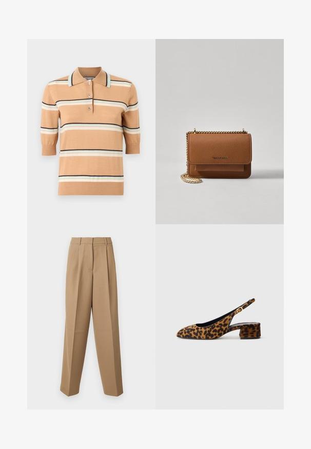 Beżowa dzianinowa koszulka polo z krótkim rękawem, ozdobiona wielokolorowymi poziomymi paskami w jasnoniebieskim, kremowym i granatowym kolorze. Zapięcie na trzy guziki.; Beżowe spodni z wysokim stanem, z przodem plisowanym i szerokimi nogawkami. Materiał wydaje się gładki z delikatnym połyskiem.; Kobiece buty w panterkę z odkrytymi piętami, z niskim blokowym obcasem i złotą klamrą na bocznym pasku, pokazane w profilu bocznym na jednolitym tle.; Brązowa skórzana torba na ramię z teksturą, z złotym łańcuszkiem i zapięciem na klapkę. Z przodu znajduje się detal z logo oraz kieszeń pod klapką.