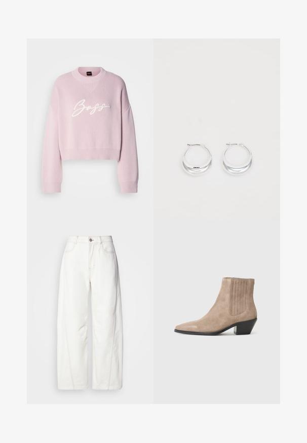 Rózsaszín kötött pulóver rövidített fazonnal, kerek nyakkivágással és laza ujjakkal, elöl fehér "Boss" hímzéssel díszítve.; Fehér, bő szárú farmernadrág, látható varrással. Gombos záródással és enyhe textúrával rendelkezik. Elülső zsebekkel.; Beige velúr bokacsizma hegyes orral és formázott sarkal, oldalán függőleges varrási díszítéssel.; Fényes felületű ezüst karika füli, DKNY márkázással, sima fehér háttér előtt.