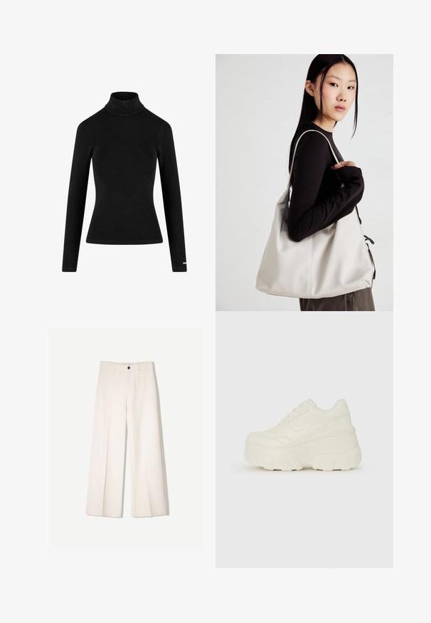 Zwarte geribbelde lange mouwen coltrui met een half-rits kraag en aansluitende pasvorm, gemaakt van een zachte, rekbare stof. Minimalistisch ontwerp.; Crème brede broek met een tailored ontwerp, voorzien van twee voorzakken en een enkele sluiting met een knop aan de voorkant, gemaakt van een gladde stof.; Witte platform sneakers met een gladde leren bovenkant, afgeronde vorm, gewatteerde kraag en een gestructureerde rubberen zool met duidelijke profiel.; Beige handtas gemaakt van zacht materiaal, met een slonzig ontwerp, gestikte details en twee schouderbanden. Geschikt voor dagelijks gebruik.
