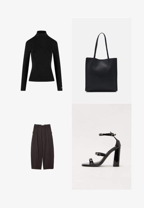 Crna rebrasta majica dugih rukava s turtleneck u kojem je ovratnik s polu-zipom i prianjajućim siluetom, izrađena od mekanog, rastezljivog materijala. Minimalistički dizajn.; Crne široke hlače napravljene od glatke tkanine, s visokim strukom, prednjim nabranjima i bočnim džepovima. Jednostavan dizajn bez ukrasa.; Crne lakirane sandale na visoku petu s dva remena s kopčama, kvadratnim vrhom i masivnom blok petom, s glatkom, sjajnom teksturom.; Crna kožna torba za nošenje s glatkom teksturom, pravokutnim oblikom i dvije duge ručke. Nema vidljivih metalnih dijelova ili ukrasa.