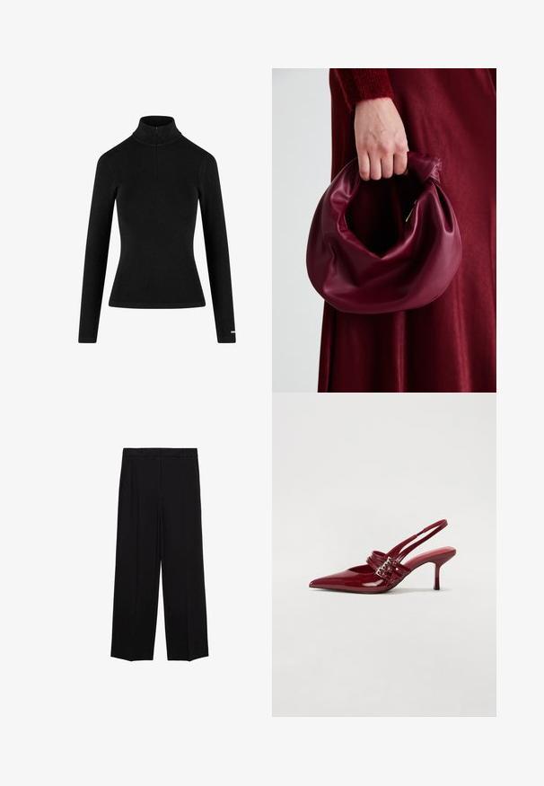 Musta ribbed pitkähihaisen poolopaita, jossa on puoliveto ja tiukka siluetti, valmistettu pehmeästä ja venyvästä kankaasta. Minimalistinen muotoilu.; Mustat leveät housut, joissa on sileä kangas, etuosassa laskokset ja sivutaskut, suunniteltu suoralla, rentolla leikkauksella.; Punaiset patenttalahkeet slingback-korkokengät, joissa on terävä kärki, kaksi solkiverkkoa ja kapea, keskipituinen stiletto-korko. Sileä pinta.; Burgundy-nahkakäsilaukku, jossa on pehmeä, ryppyinen muotoilu ja pyöreä muoto. Kahva on kiinnitetty tukevasti, ja siinä on sileä pinta.
