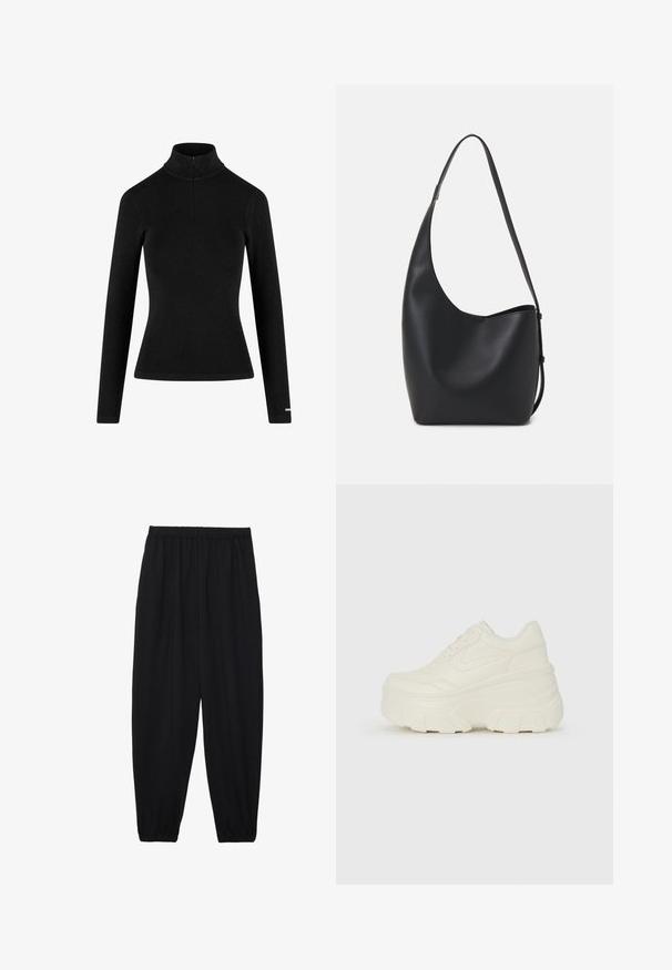 Schwarzer gerippter Langarm-Turtleneck mit einem halben Reißverschluss am Kragen und figurbetonter Silhouette, aus einem weichen, dehnbaren Material. Minimalistisches Design.; Schwarze, leichte Hosen mit einem elastischen Bund und gerafften Knöcheln. Der Stoff ist glatt und hat ein entspanntes, schmal zulaufendes Design.; Weiße Platform Sneakers mit einem glatten, lederähnlichen Obermaterial, abgerundeter Form, gepolstertem Kragen und strukturierten Gummisohlen mit ausgeprägten Stollen.; Schwarze Leder-Hobo-Tasche mit einer glatten Textur, geschwungener Form und einem einzelnen verstellbaren Tragegurt; verfügt über eine weite Öffnung am oberen Ende.