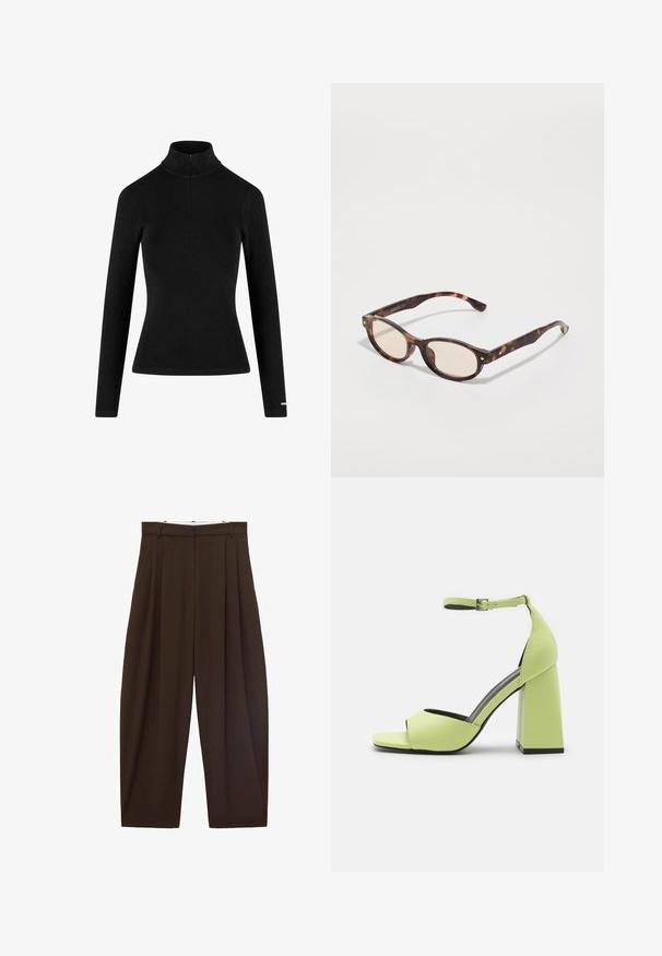 Tricou negru cu mânecă lungă și guler polo, cu fermoar pe jumătate și siluetă ajustată, realizat dintr-un material moale și elastic. Design minimalist.; Pantaloni maronii cu talie înaltă, cu pliuri, confecționați dintr-un material neted. Croi lejer, model cu picior drept, având bucle pentru curea și închidere cu fermoar.; Even&Odd Sandale cu toc - light green; Ochelari de soare bleoni cu un design rotund și lentile de nuanță deschisă. Au brațe rezistente cu mici accente de aur, fabricate din material plastic.; Geantă tote din piele verde măslinie cu două mânere, textură netedă și design din patru panouri. Cusături întărite pe margini pentru durabilitate.