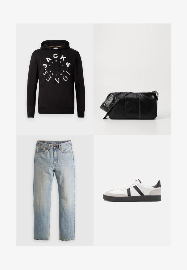 Black hoodie with a drawstring, featuring a circular white logo print. Made of soft fabric, it has ribbed cuffs and hem for a fitted look.; Light blue denim jeans with high waist, front button, zipper, and five-pocket design, laid flat on a neutral background.; White sneaker with black and gray accents, featuring a textured gray toe cap, black rubber sole, and flat white laces. Clean design, minimalist style.; Black leather shoulder bag with a zip closure, featuring a textured body, white stitching, and a strap with silver grommets.