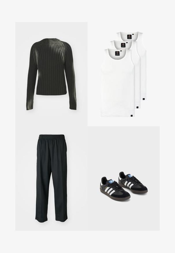 Čierny rebrovaný sveter s dlhými rukávmi, so zaokrúhleným výstrihom a textúrovaným vzorom na celom materiáli. Jednoduchý a priliehavý dizajn.; Tri biele rebrované tielka vyrobené z bavlny. Majú okrúhly výstrih a malé čierne štítky pri leme. Dostupné v rôznych veľkostiach.; Čierne športové nohavice s elastickým pásom, vyrobené z hladkého materiálu, s jemným bočným šitím a voľným strihom, rovný strih.; Čierne tenisky so zvrškom z semišu a syntetického materiálu, s tromi bielymi pruhmi, štruktúrovanou gumovou podrážkou a modrou logovou etiketou na jazyku.
