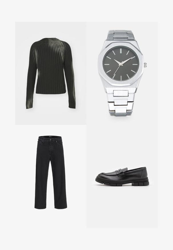 Svart ribbestrikket genser med lange ermer, med en rund halslinje og et teksturert mønster gjennom hele stoffet. En enkel og tettsittende design.; Svarte straight-leg denim jeans med knapp- og glidelåslukking, beltestropper og front- og baklommer.; Sorte skinnloafers med en glatt overflate, med et frontreim-detalj og en kraftig gummisåle med rillete detaljer.; Sølv analog klokke med oktagonal klokkesak, grå skive, sølvfargede timemarkører og lenkebånd i rustfritt stål. Minimalistisk design med glatt tekstur.