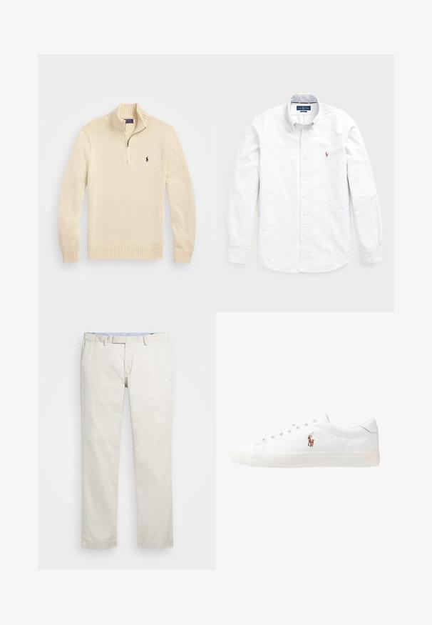 Krēmkrāsas adīta džemperis ar ceturtdaļas garuma rāvējslēdzēju, ribotām piedurknēm un apakšmalu, kā arī mazu izšūtu logotipu kreisajā krūtīs.; Balta garām piedurknēm poga-krekla krekls, izgatavots no kokvilnas. Iespējojot izkliedētu apkakli, pogu aizdari un mazu izšūtu logotipu uz krūtīm.; Bežīgas kokvilnas chinos bikses ar gludu priekšpusi, jostas cilpām un sānu kabatām. Taisnas kājas dizains ar gludu tekstūru un vieglu, elpojošu sajūtu.; Baltas ādas sporta apavi, zema dizaina, ar gludu tekstūru, noapaļotu purngalu, ar auklēm priekšpusē un nelielu izšūtu logotipu sānos.