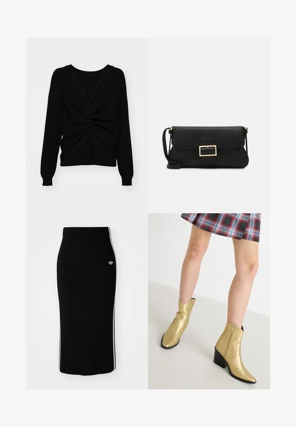 Melnā adīta džemperī ir pagrieztas priekšpuses dizains, garas piedurknes un ribota faktūra, bet aizmugurē ir kontrastējoša gluda paneļa. ; Melna ribota midi svārki ar pieguļošu siluetu, ar baltām sānu svītrām un mazu baltu emblēmu kreisajā pusē.; Zelta krāsas potīšu zābaki ar šauru purngala formu un melnu papēdi. Izgatavoti no spīdīga, gluda materiāla, ar sānu rāvējslēdzēju un šūtiem akcentiem.; Melnas ādas saķeres soma ar atloku un zelta metāla sprādzi. Ietver melnu siksnu un elegantu, minimālistisku dizainu.; Zelta krāsas auskari gredzena formā, plāni un apaļi, ar gludu metāla apdari un bez rotājumiem vai zīmējumiem.