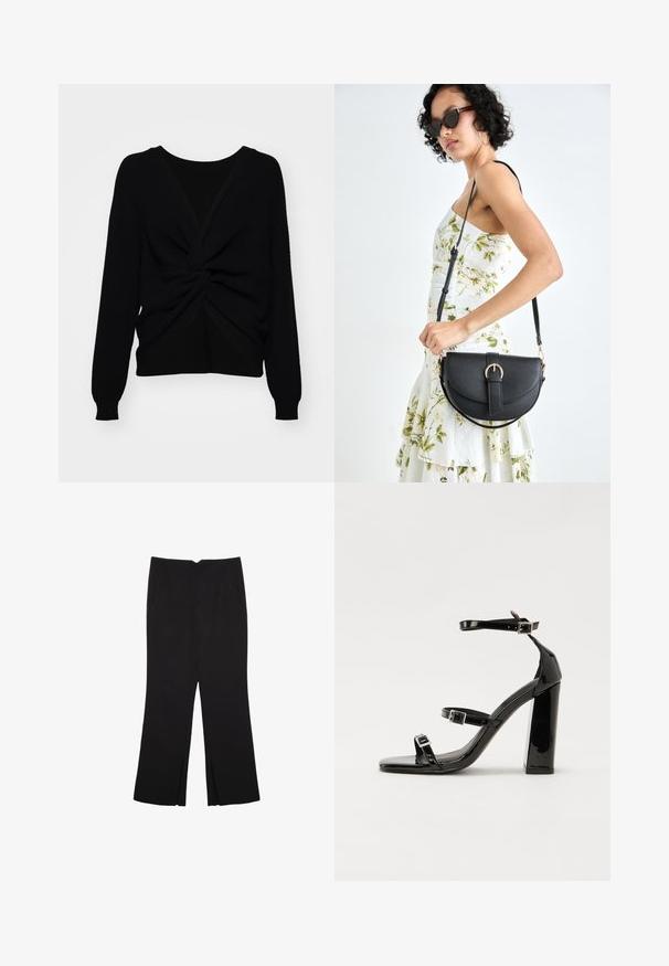 Schwarzer Strickpullover mit verdrehtem Vorderdesign, langen Ärmeln und gerippter Textur, kontrastierendes glattes Panel auf der Rückseite.; Schwarze Hose mit geradem Schnitt, ausgestattet mit Fronttaschen und Seitenschlitzen am Saum. Hergestellt aus weichem, glattem Stoff. Geeignet für verschiedene Anlässe.; Schwarze patentierte Sandalen mit Absatz, quadratischer Spitze, Knöchelriemen und silbernen Schnallen. Mit einem stabilen Blockabsatz für mehr Stabilität.; Schwarze Lederhandtasche mit geschwungener Form, abnehmbarem Tragegurt und goldenen Beschlägen. Die Tasche verfügt über einen Deckel mit einer Schnallen-Details.