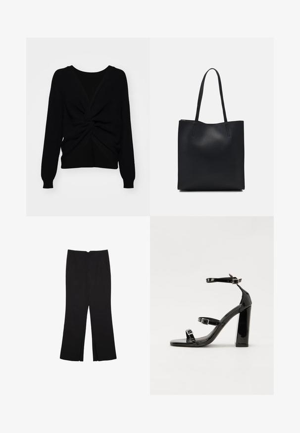 Mustat neulotut neuleet, joissa on kierretty etuosa, pitkät hihat ja ribattua pintaa, taustalla kontrastivärinen sileä paneeli.; Mustat housut suoralinjaisella leikkauksella, joissa on etutaskut ja sivurei'ät helman alla. Valmistettu pehmeästä ja sileästä kankaasta. Sopii eri tilaisuuksiin.; Musta kiiltävä korkokenkä sandaalit neliönmuotoisella varpaalla, nilkkaremmillä ja hopeisilla soljilla. Varustettu tukevalla lohkokorkealla vakauden takaamiseksi.; Mustapahkainen kangaskassi, jossa on sileä pinta, suorakaiteen muotoinen ja kaksi pitkää kahvaa. Ei näkyvää metalliosaa tai koristeita.