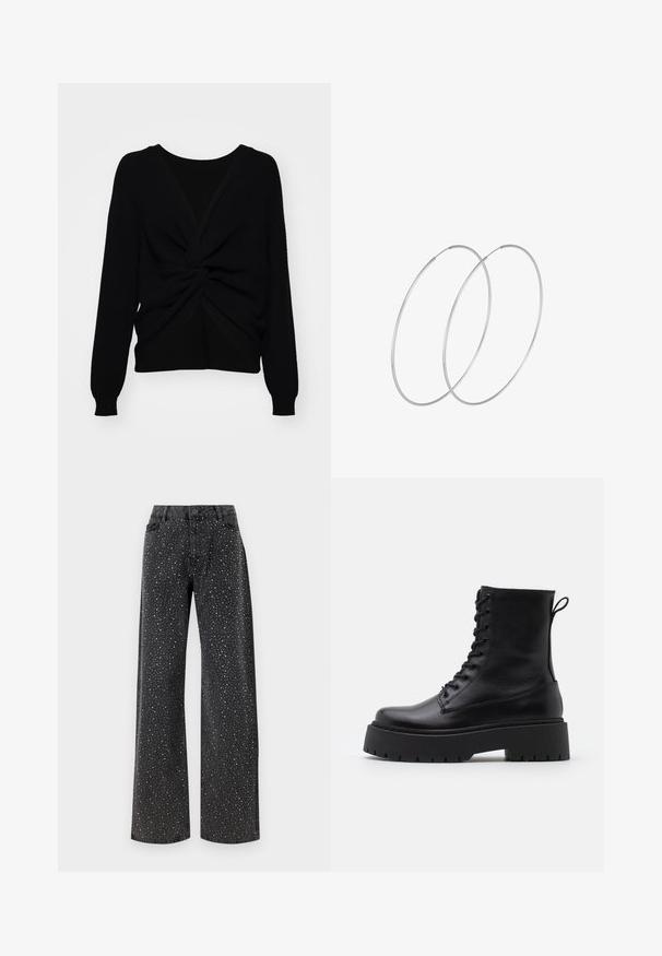 Black knitted sweater featuring a twisted front design, long sleeves, and ribbed texture, contrasting smooth panel at the back.; Noisy May NMJANNEL LOOSE - Relaxed fit jeans - black denim; Black leather ankle boots with a round toe, lace-up front, and a thick rubber sole featuring a textured tread. Pull tab at the back.; Silver hoop earrings with a minimalist design. Circular shape, smooth texture, and thin profile. Lightweight with a polished finish.