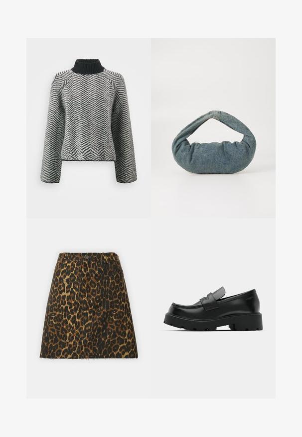 Kootud sviiter musta kõrge kaelusega, must-valge kalasabamuster. Lühendatud disain pika varrukaga.; Leopardi-prindiga denimsärk, millel on kõrge vöökoht, kaks esikäepidet, kulunud serv ja pruun-must värvilahendus.; Mustad nahast loafers, millel on tükiline tekstureeritud tald, vampi kohal rihm ja sile, läikiv viimistlus.; Sinine denim kott, mis on polsterdatud, ümarate servadega ning kaarjate käepidemetega. Tekstuur on pehme, nähtavate õmblustega ja siledaga viimistletud.; Hõbedased rõngaskõrvarõngad, millel on sile, läikiv viimistlus. Ümmargune kuju ja turvaline klõpsulatus. Kerge disain, sobib igapäevaseks kandmiseks.