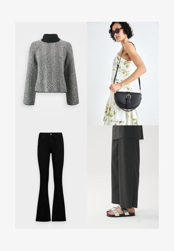 Pletený sveter s čiernym vysokým golierom, so vzorom rybej kosti v čiernej a bielej farbe. Skrátený strih s dlhými rukávmi.; Čierne vysoké nohavice s gombíkom a zipsom, predné vrecká a rozšírené nohavice položené na bielom pozadí.; Čierne nohavice so voľným strihom a nedokončeným lemom, kombinované s plochými sandálmi so striebornými pásikmi a dekoračnými prvkami.; Čierna kožená kabelka s zaobleným tvarom, odnímateľným popruhom a zlatými doplnkami. Kabelka má klopu s detailom s prackou.