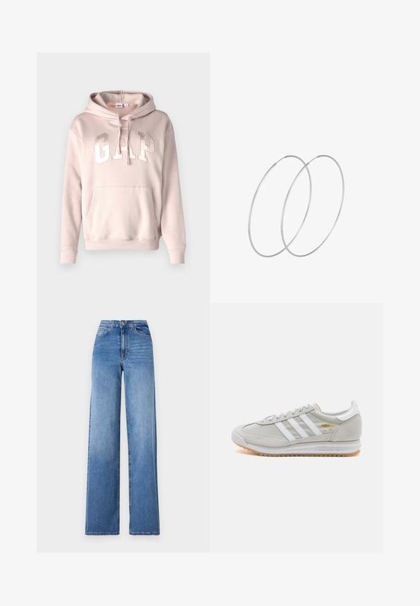 Ljusrosa hoodie med ficka fram, dragsko i huvan och stor präglad "GAP" text över bröstet på en enfärgad bakgrund.; Ljusblå vida jeans tillverkade av denim, med hög midja, framfickor och standard knäppning. Slät textur.; Ljusgrå sneaker i mocka och mesh, med tre vita ränder, rund tå och en sula av gummi. Guldlogotyp som accent vid snörningen.; Silverfärgade hoopörhängen med en minimalistisk design. Cirkulär form, slät yta och tunn profil. Lätta med en polerad finish.