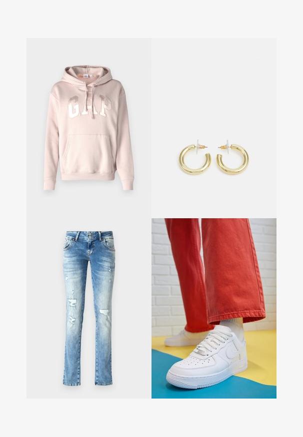 Hoodie rosa chiaro con tasca frontale, cappuccio con cordino e grande scritta in rilievo "GAP" sul petto, su sfondo bianco.; Jeans in denim blu chiaro con una vestibilità rilassata, caratterizzati da dettagli strappati, una chiusura con bottoni a due pulsanti e gamba dritta.; Sneaker bianco in pelle con punta perforata, suola testurizzata e lacci bianchi, abbinati a pantaloni rossi larghi e uno sfondo blu e giallo.; Orecchini a cerchio in oro con una finitura liscia e lucida. Design circolare con un piccolo perno e una chiusura trasparente per un indosso sicuro.
