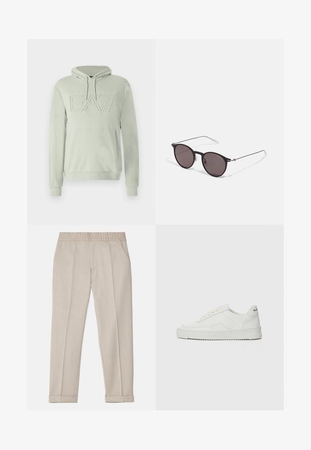 Ljusgrön hoodie med känguruficka, snoddar och präglad "EA7"-logotyp på framsidan. Tillverkad av mjukt, strukturerat tyg.; Filippa K TERRY CROPPED TROUSERS - Tygbyxor - sage melange; Vita lädersneakers med en jämn yta, rund tå, platta snörningar och en strukturerad sula. Har en diskret logotyp på hälen.; Svarta runda solglasögon med mörka linser och smala metallarmar. Inkluderar klara tempeltips och silverdetaljer vid gångjärnet. Minimalistisk design.