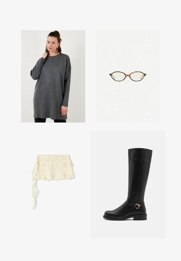 Grauer gerippter Pullover mit Rundhalsausschnitt und langen Ärmeln, im lockeren Schnitt und aus weichem Material, der bis zur Mitte des Oberschenkels reicht.; Spitzenstola in Elfenbein mit Fransen; verfügt über komplizierte Blumenmuster; fließt sanft mit einem langen, nachlaufenden Ende.; Anna Field Wide Fit Stiefel - black; Schildpatt-Eyegläser mit ovalen Gläsern und einer eleganten, glatten Oberfläche. Mit dünnen Seiten und einer subtilen Kurve an den Schläfen. Klare Gläser.; Cremfarbener, weicher Kunstlederbeutel mit gerafftem Design, verstellbarem Schultergurt und subtiler Kordelzug-Verschluss. Glatte Textur und runde Form.; Silberne Tropfohrringe mit abgerundeten, reflektierenden Oberflächen; minimalistisches Design mit glatter Textur und subtilen Brandingdetails.