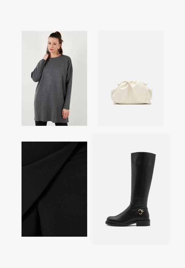 Grauer gerippter Pullover mit Rundhalsausschnitt und langen Ärmeln, im lockeren Schnitt und aus weichem Material, der bis zur Mitte des Oberschenkels reicht.; Schwarzer Stoff mit einer glatten, matten Textur, der in Schichten gefaltet ist und ein strukturiertes Design aufweist, was ein elegantes Erscheinungsbild erzeugt.; Anna Field Wide Fit Stiefel - black; Cremfarbener, weicher Kunstlederbeutel mit gerafftem Design, verstellbarem Schultergurt und subtiler Kordelzug-Verschluss. Glatte Textur und runde Form.; Silberne Tropfohrringe mit abgerundeten, reflektierenden Oberflächen; minimalistisches Design mit glatter Textur und subtilen Brandingdetails.