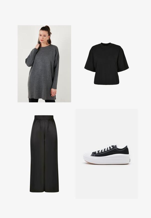 Sivi rebrasti pulover s okruglim izrezom i dugim rukavima, sa slobodnim krojem i mekim teksturom, koji doseže do sredine butina.; Crna skraćena majica od pamuka. Ima kratke rukave i okrugli izrez. Glatka tekstura s jednostavnim dizajnom, bez dodatnih uzoraka.; Crne široke hlače napravljene od glatkog, sjajnog materijala s elastičnim pojasom i bez vidljivih džepova ili metalnih detalja.; Crne platnene tenisice s bijelim vezicama, bijelim gumastim vrhom i debelim bijelim međusolom. Imaju suptilnu bijelu šav, a đon je od gume.