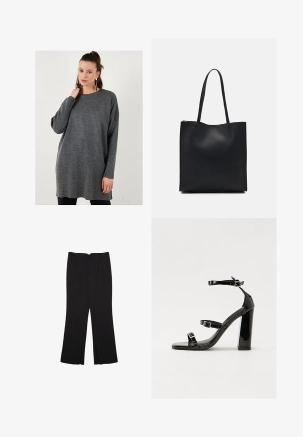 Siv svilen pulover z okroglo ovratnikom in dolgimi rokavi, ki ima udoben kroj in mehak otip ter sega do sredine stegna.; Črne hlače ravnega kroja z naglavnimi žepi in stranskimi razporki na robu. Narejene iz mehke, gladke tkanine. Primerne za različne priložnosti.; Črne lakirane sandale s peto, kvadratnim prstom, trakovi okrog gležnja in srebrnimi zaponkami. Opremljene so s stabilno Debelo peto.; Črna usnjena torba s svilnato teksturo, pravokotne oblike in dvema dolgima ročajema. Brez vidnih metalnih delov ali okrasnih elementov.