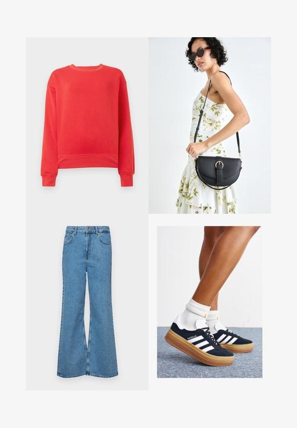 Sweatshirt vermelho feito de material macio, com decote redondo, mangas compridas e punhos e barra canelados. Design simples e sólido.; Jeans de brim azuis claros, com corte à boca de sino, apresentando uma cintura alta, cinco bolsos e um fecho de botão único. Textura macia com acabamento desbotado.; Ténis de camurça preta com riscas e detalhes brancos, biqueira arredondada, sola em borracha cor de goma, combinados com meias brancas caneladas até à altura do tornozelo.; Bolsa de couro preta com forma curva, alça destacável e detalhes em dourado. A bolsa possui uma aba com detalhe de fivela.