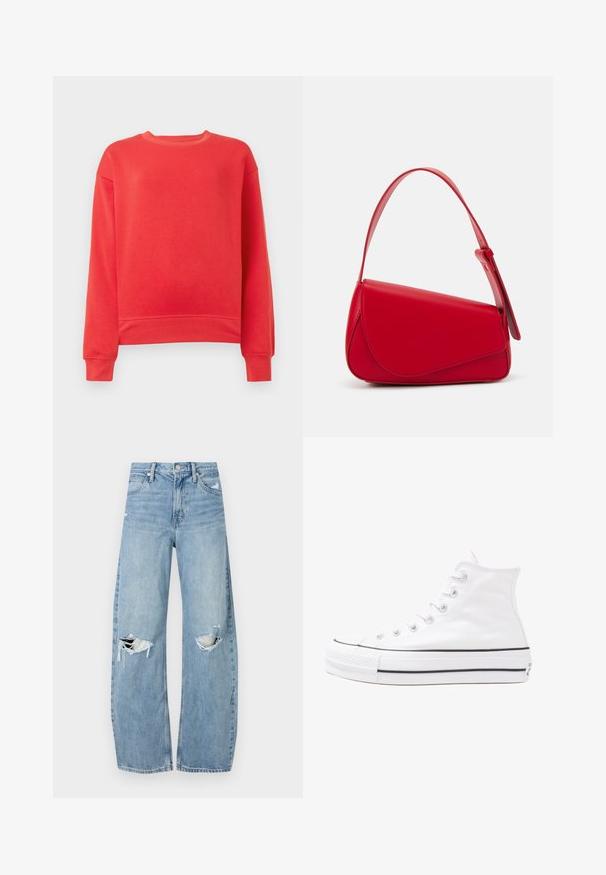 Rdeča majica s kapuco iz mehkega materiala, z okroglim izrezom, dolgimi rokavi ter rebrastimi zapestji in robom. Preprost, enobarven dizajn.; Svijetloplave traperice visoki struk. Imaju široke nogavice, dva poderana područja na koljenima i klasičan petotoksi stil.; Beli visoki platneni športni čevelj z črnim gumijastim podplatom, sprednjim gumijastim zaščitnikom za prste in šestimi luknjicami za vezalke, ki se ponaša s preprostim, minimalističnim dizajnom.; Rdeča usnjena torba z angularnim, geometrijskim dizajnom. Ima en samostoječ nastavljiv ročaj in pokrov, zaprt z zapiranjem, ki je okrašen s šivi.