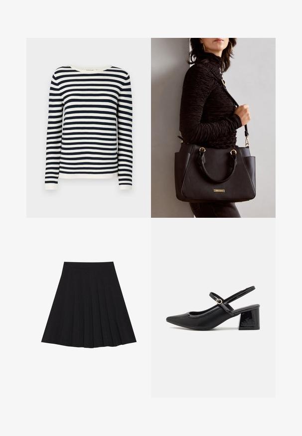 Jūrinės ir baltos spalvos dryžuotas ilgomis rankovėmis megztinis su apvalia kaklo iškirpte ir raukiniais ant rankovių. Minkšta, mezginio medžiaga su klasikinio silueto. ; Juoda plisėta sijonas, pagamintas iš tekstūruotos medžiagos su prigludusia juosmens juosta. Siekia kelių ilgį, turi sklandžią, švarią siluetą.; Juodi patentinio odos slingback aukštakulniai su smailiu pirštu, apvaliu išpjovimu ir blokiniu kulnu. Papuošti auksiniu juostos akcentu.; Juodas rankinės maišelis su struktūrizuota paviršiumi, dvigubais viršutiniais rankenėlėmis ir reguliuojamu peties diržu. Įrengtas aukso spalvos furnitūra ir šoninės kišenės.