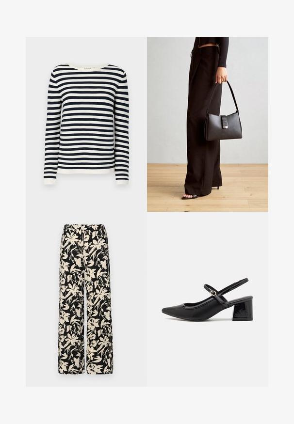 Merenneito ja valkoinen raidallinen pitkähihaisen neulepaita, jossa on pyöreä pääntie ja ribbireunat. Pehmeä, neulottu kangas, jossa on klassinen istuvuus.; Musta lyhythihainen paita, joka on valmistettu sileästä materiaalista ja jossa on peplum-muotoilu sekä vyötäröllä vyö, jossa on kaksi pyöreää hopeanväristä nappia.; Mustat leveälahkeiset housut, joissa on kermaisen värinen kukkakuosi. Valmistettu kevyestä kankaasta, jossa on sileä pinta ja korkea vyötärö.; Musta lakattu nahka slingback-korkokengät, joissa on terävä kärki, pyöreä aukko-muotoilu ja lohkokorko. Varustettu kultasävyisellä solkiyksityiskohdalla.; Musta käsilaukku, jossa on rakenteellinen muoto, sileä pinta ja metallinen solki. Yhdistetty leveisiin mustiin housuihin ja avonaiheisiin sandaaleihin puulattialla.