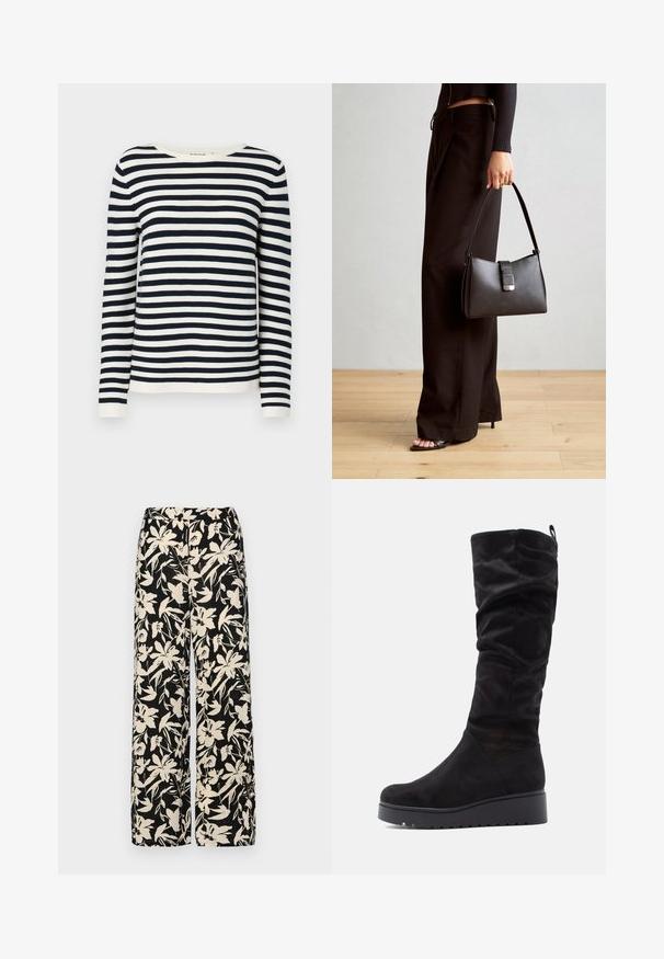 Marineblau und weiß gestreifter Langarmpullover mit rundem Halsausschnitt und gerippten Bündchen. Weicher, gestrickter Stoff mit klassischer Passform.; Schwarze weit geschnittene Hose mit einem cremefarbenen Blumenmuster. Hergestellt aus leichtem Stoff, mit einer glatten Textur und einem hohen Bund.; Schwarze Wildleder-Stiefel bis zum Knie mit einem schlaffen Design, runder Zehenpartie und dicker Plattformsohle mit geriffelter Struktur.; Schwarze Handtasche mit strukturierter Form, glatter Textur und einem metallischen Verschluss. Kombiniert mit weiten schwarzen Hosen und offenen Sandalen auf einem Holzboden.