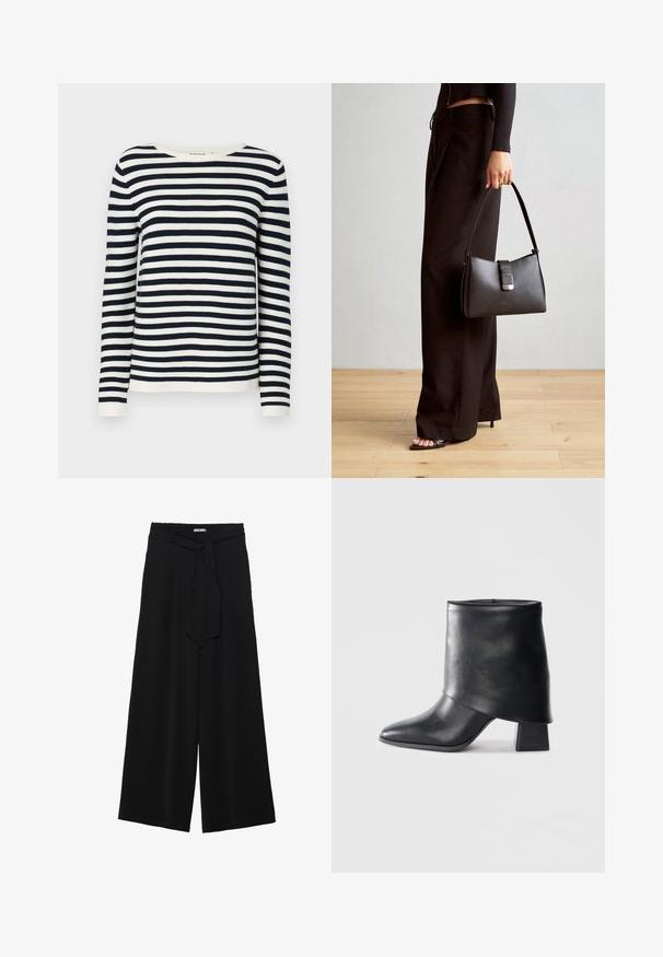 Marineblauwe en witte gestreepte sweater met lange mouwen, een ronde halslijn en geribbelde manchetten. Zacht, gebreid materiaal met een klassieke pasvorm.; Zwarte wijde broek van textuurstof, met een elastische tailleband en een afneembare sjaalstrik in de taille voor een verstelbare pasvorm.; Zwarte leren enkellaars met een spitse neus, een zachte textuur en een gestructureerde blokhak. Kenmerkt zich door een hoge, gevouwen kraag.; Zwarte handtas met gestructureerde vorm, gladde textuur en een metalen sluiting. Gecombineerd met brede zwarte broeken en sandalen met open teen op een houten vloer.