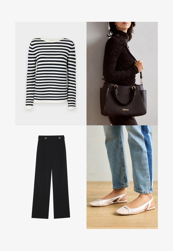 Marineblauwe en witte gestreepte sweater met lange mouwen, een ronde halslijn en geribbelde manchetten. Zacht, gebreid materiaal met een klassieke pasvorm.; Zwarte wijde broek met hoge taille, knoopdetails op de tailleband en plooien aan de voorkant.; Zachtroze slingback ballerina's met een spitse neus, gemaakt van een glad leerachtig materiaal. Bevat uitsnijdingen aan de zijkanten en heeft een platte hak.; Zwarte handtas met gestructureerd oppervlak, dubbele bovenhandvatten en verstelbare schouderriem. Voorzien van goudkleurige hardware en zijzakken.