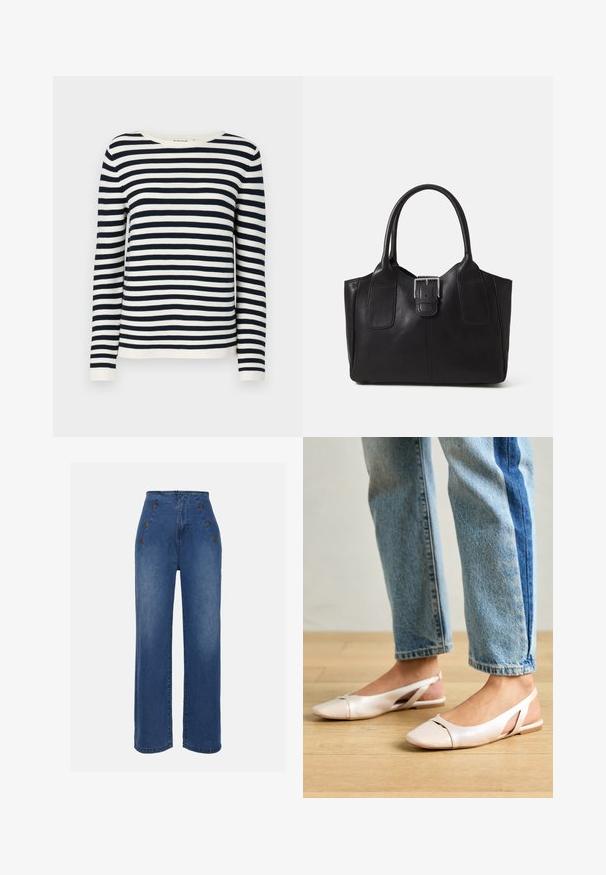Marineblau und weiß gestreifter Langarmpullover mit rundem Halsausschnitt und gerippten Bündchen. Weicher, gestrickter Stoff mit klassischer Passform.; Hochgeschnittene Jeans aus Denim in mittlerem Blau. Besitzt auffällige Knopfdetails vorne und einen weit geschnittenen Stil. Der Stoff hat eine glatte Textur mit leichten Ausbleichungen.; Blassrosa Slingback-Ballerinas mit spitzem Punkt, aus einem glatten, lederähnlichen Material. Mit Ausschnitten an den Seiten und einem flachen Absatz.; Schwarze Leder-Tote mit glatter Textur, strukturiertem Design, zwei Griffen und einem auffälligen silbernen Schnallen-Detail auf der Vorderseite.