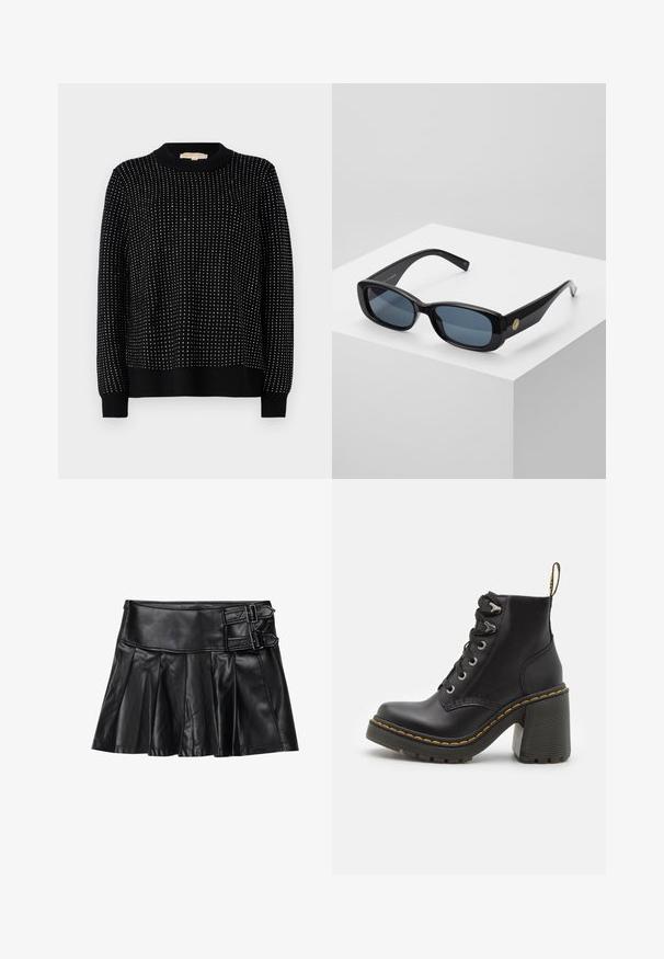 Melns džemperis, kas izgatavots no teksturēta dzijas auduma, ar apaļu kakla izgriezumu un dekorēts ar maziem, vienmērīgi izvietotiem sudraba nagu galiem visā audumā.; Melnas ādas svārki ar arī pleciem, platām jostām un diviem sprādžu akcentiem sānos. Gluda tekstūra ar spīdīgu apdari.; Melnas ādas potītes zābaki ar masīvu augsto papēdi, auklām priekšpusē, metāla acīm un dzelteniem uzšuvumiem gar zolēm. Tekstūrēta gumijas zole.; Melni taisnstūra saules brilles ar tonētiem ziliem stikliem, biezām rāmjiem un zelta apļa akcentu sānos. Gluda, spīdīga apdare.; Burgundijas krāsas somiņa, izgatavota no sintētiska materiāla ar strukturētu dizainu, ar noņemamu siksnu un ziedu raksta šalli, kas piesieta pie roktura.