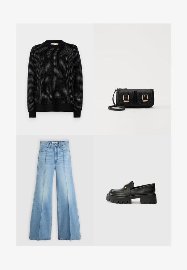 Fekete pulóver texturált kötött anyagból, kerek nyakkivágással, és kis, egyenletesen elhelyezett ezüst szegecsekkel díszítve.; Világoskék, magas derekú farmernadrág széles lábakkal, elülső és hátsó zsebekkel, övbújtatókkal, és függőleges varráselemekkel az elején.; Fekete bőr loaferek masszív talppal, elöl arany színű díszítéssel és sima felülettel. A talpon vastag mintázat található.; Fekete bőr keresztbody táska két elülső zsebbel, arany csattokkal, cipzáras záródással és vékony pánttal. Textúrált felület és kompakt téglalap alak.