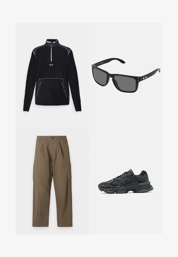 Fleece pullover in black with a high collar, half-zip front, two side pockets, and contrast stitching in gray and navy accents.; Oakley NEW RETRO PANTS - Cargo trousers - raven; Black running shoe featuring a mix of mesh and synthetic materials, chunky sole, curved design, and prominent branding on the side.; Black sunglasses with a thick plastic frame, dark gray lenses, and subtle metallic accents on the arms. Square shape with smooth texture.
