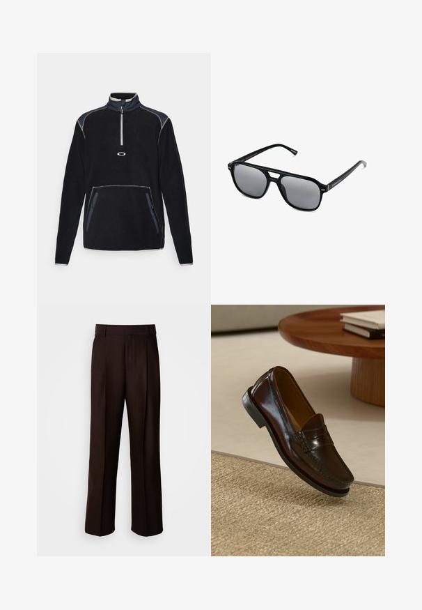 Fleece pullover in het zwart met een hoge kraag, een ritssluiting van halve lengte aan de voorkant, twee zijzakken en contrasterende stiksels in grijze en marineblauwe accenten.; Bruine op maat gemaakte broeken met een recht design, voorzien van een voorplooien, een gladde textuur en een klassieke tailleband. Geschikt voor formele gelegenheden.; Bruine leren instappers met een glanzende afwerking, voorzien van een gestikt detail aan de voorkant en een low-profile zwarte rubberen zool.; Zwarte zonnebril met rechthoekige montuur, grijs getinte glazen en een uitgesneden ontwerp bij de neusbrug. Strak, glanzend kunststof materiaal met smalle veren.