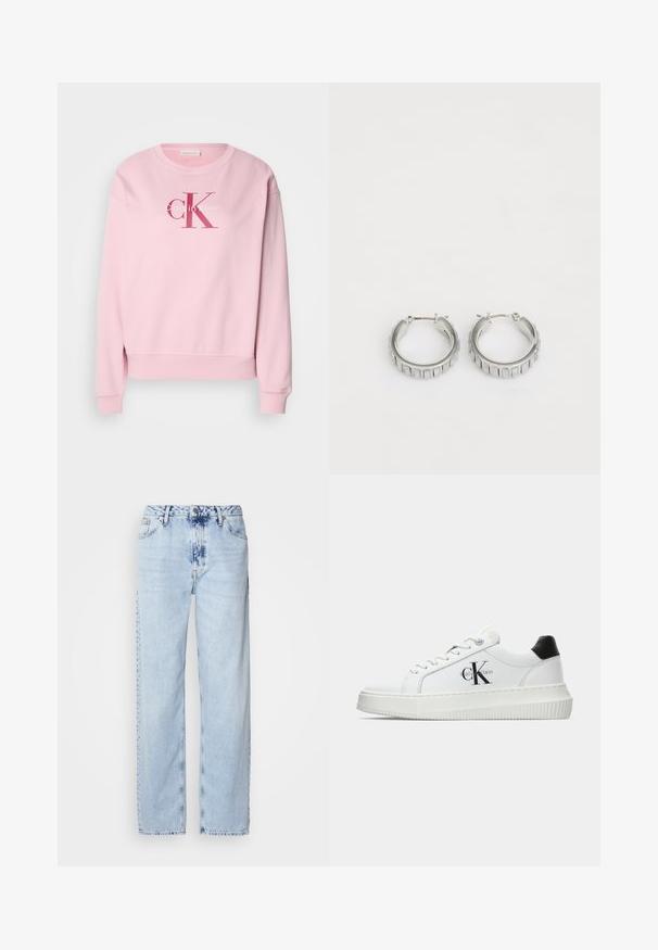 Felpa rosa con collo rotondo, maniche lunghe e un logo frontale con il testo "Calvin Klein" e "cK" in colori a contrasto.; Jeans a gamba larga di un blu chiaro, realizzati in denim, con vita alta, lavaggio sbiadito e un sottile motivo tie-dye sulla parte anteriore.; Sneaker bassa bianca con tassello nero sul tallone, suola a piattaforma, lacci e logo "CK" di Calvin Klein sul lato.; Orecchini a cerchio in argento con un design testurizzato caratterizzato da scanalature verticali. Forma circolare con una chiusura a scatto sicura. Finitura liscia.