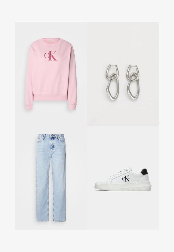 Rosa sweatshirt med rund halsringning, långa ärmar och en logotyp fram med texten "Calvin Klein" och "cK" i kontrasterande färger.; Ljusblå vida jeans i denim med hög midja, blekt tvätt och subtilt tie-dye-mönster fram.; Vit lågtopp sneakers med svart hälflik, platåsål, snörning och Calvin Klein "CK" logotyp på sidan.; Calvin Klein STATEMENT LINKS - Örhänge - silver-coloured