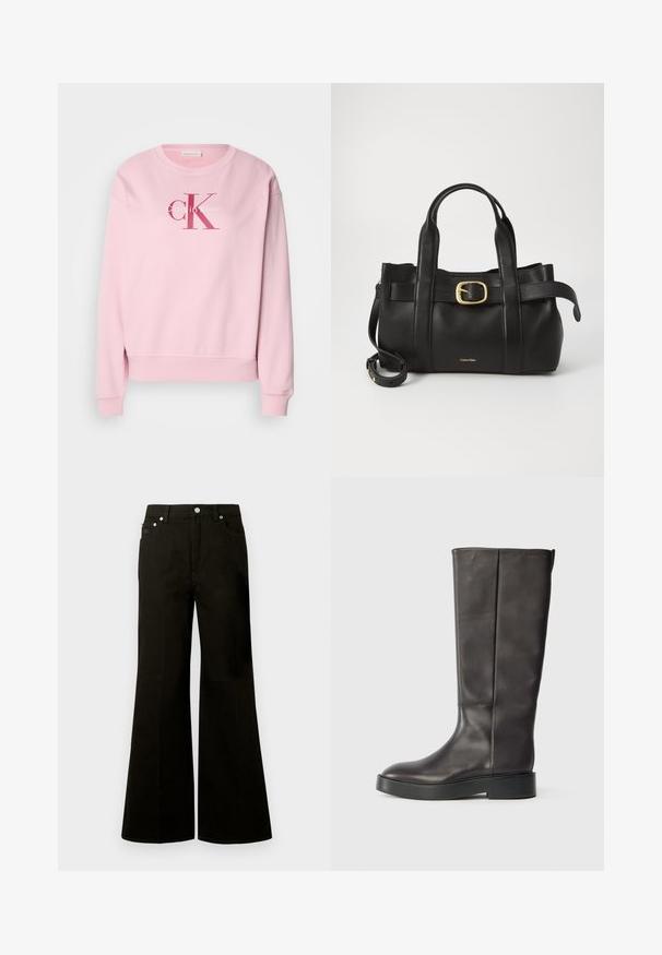 Różowy sweatshirt z okrągłym dekoltem, długimi rękawami i logo z przodu zawierającym tekst "Calvin Klein" oraz "cK" w kontrastowych kolorach.; Czarne jeansy z wysokim stanem, szerokimi nogawkami, z przodu zapinane na guziki i suwak, z szlufkami na pasek oraz pięcioma kieszeniami, w tym małą kieszonką na monety.; Czarny skórzany kozak do kolan z grubą podeszwą i subtelnym logo Calvin Klein w poblizu górnej krawędzi, pokazany z boku.; Czarna skórzana torebka o zorganizowanej konstrukcji, z podwójnymi uchwytami u góry, akcentem w postaci złotego zapięcia oraz wytłoczonym logo marki z przodu.