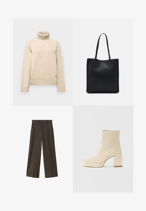 Pulover bej cu guler înalt, fabricat dintr-un material tricotat moale. Dispune de manșete și tiv cu nervuri, având un logo subtil al brandului în colțul din stânga jos.; Pantaloni cu picioare largi, de culoare verde măsliniu închis, realizati dintr-un material neted. Caracteristicile includ o croială dreaptă, două buzunare frontale și un brâu plat la partea din față.; Cizmă de gleznă din piele bej, cu toc pătrat și talpă platformă, cu un finisaj neted și vârf ușor pătrat, orientată spre stânga pe fundal alb.; Geantă tote neagră din piele, cu textură netedă, formă rectangulară și două mânere lungi. Fără hardware vizibil sau ornamente.