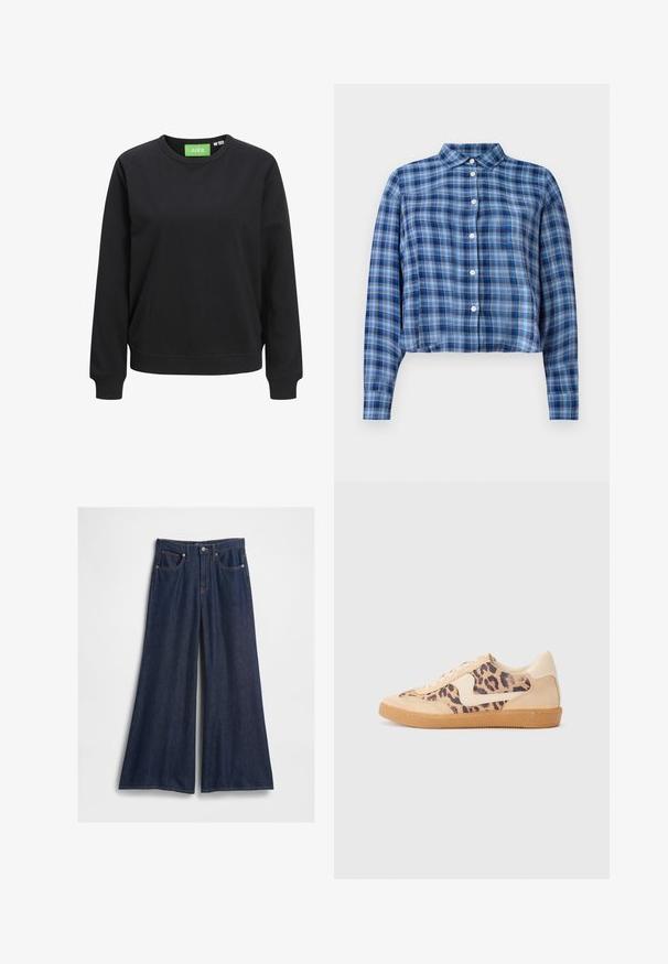 Fekete kerek nyakú pulóver, pamutból készült. Részletei között szerepel a bordás mandzsetta és alj, valamint a nyaknál egy zöld címke, amelyen a "JJXX" felirat található.; Kék és fekete kockás, hosszú ujjú cropped ing, hegyes gallérral és fehér gombokkal elől, fehér háttér előtt.; Magas derekú, széles lábú sötét farmernadrág, öt zsebbel, elülső gombos záródással és látható varrási részletekkel.; Leopárdmintás sportcipő bézs velúr felsőrésszel, világosbarna gumitalppal és fehér kiegészítőkkel. Kerek orr, fűzős kialakítás, és textúrázott felület jellemzi.